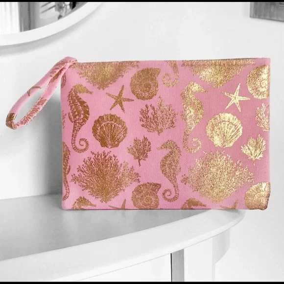 Pink and Gold Metallic Foil Print Sea Life Wristlet Clutch Zip Bag - Picture 1 of 12